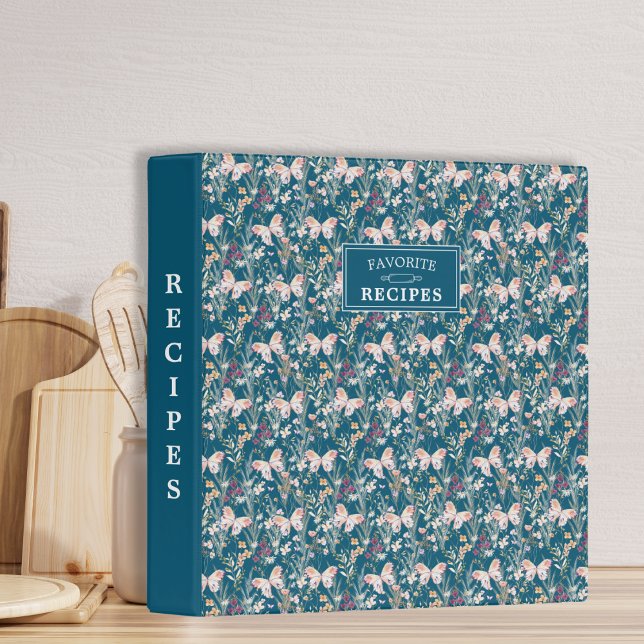 Elegant Favorite Recipes Floral Blue 3 Ring Binder (Creator Uploaded)