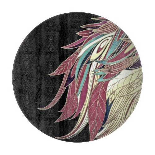 Elegant feather leaf abstract black teal gold red cutting board