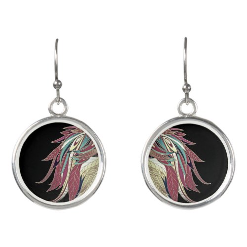 Elegant feather leaf abstract black teal gold red earrings