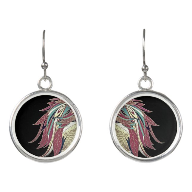 Elegant feather leaf abstract black teal gold red earrings (Front)