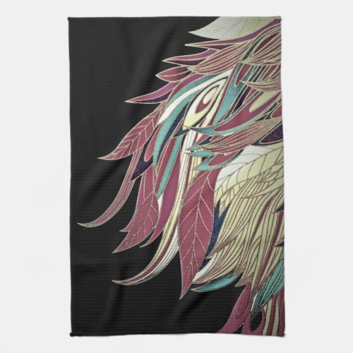 Elegant feather leaf abstract black teal gold red kitchen towel