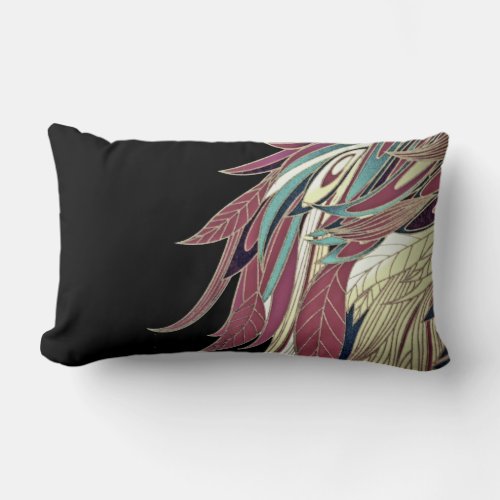 Elegant feather leaf abstract black teal gold red lumbar pillow