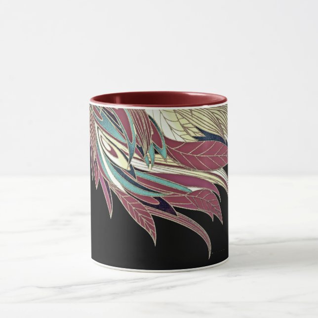 Elegant feather leaf abstract black teal gold red mug (Center)