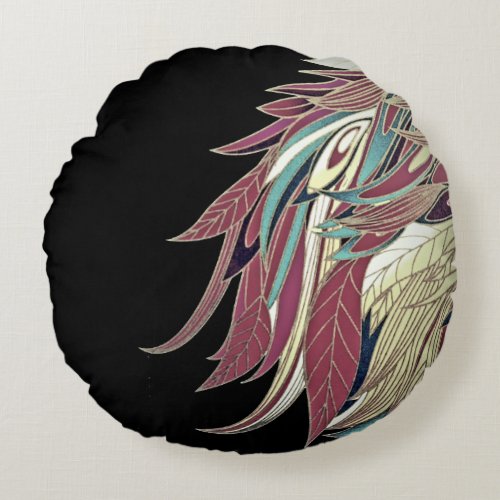 Elegant feather leaf abstract black teal gold red round pillow