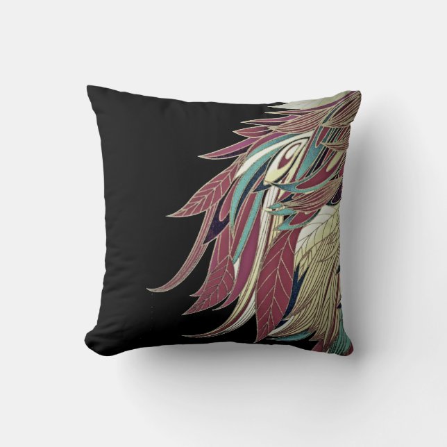 Elegant feather leaf abstract black teal gold red throw pillow (Front)