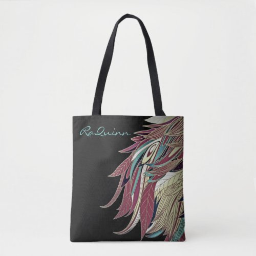 Elegant feather leaf abstract black teal gold red tote bag