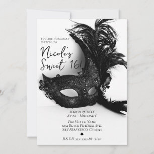 Elegant Feather Masquerade Black & White Sweet 16 Invitation