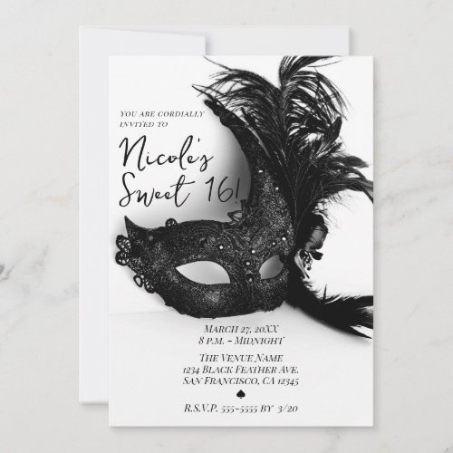 Elegant Feather Masquerade Black  White Sweet 16 Invitation