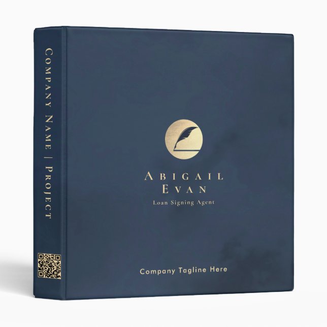 Elegant Feather Navy Blue and Gold Professional 3 Ring Binder (Front/Spine)