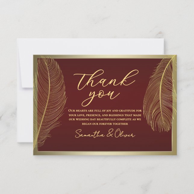 Elegant Feather Red Thank You Card  Luxury Event (Front)