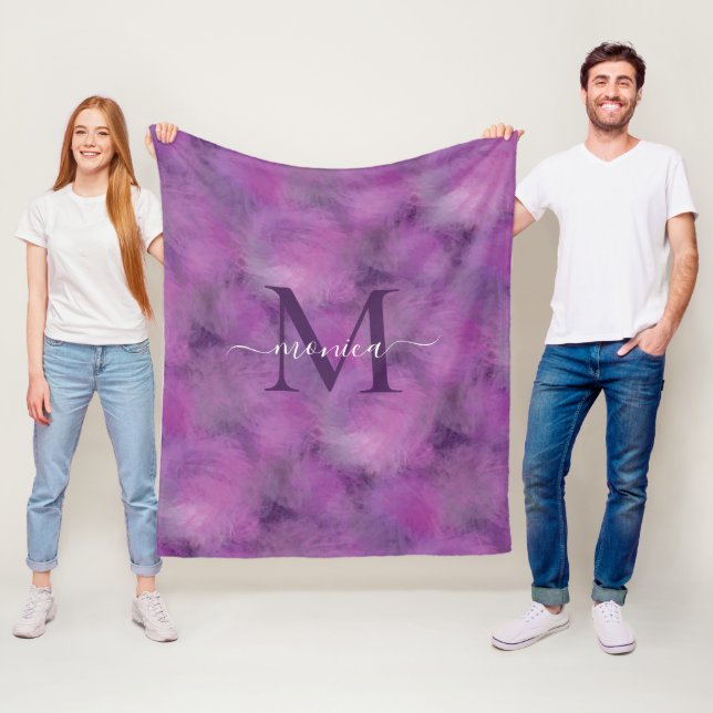Elegant Feathers Pattern Monogrammed Purple Fleece Blanket (In Situ)