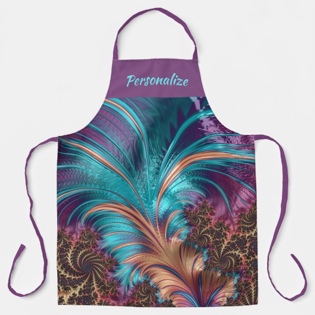 Elegant Feathers Purple Teal Abstract Personalized Apron (Front)