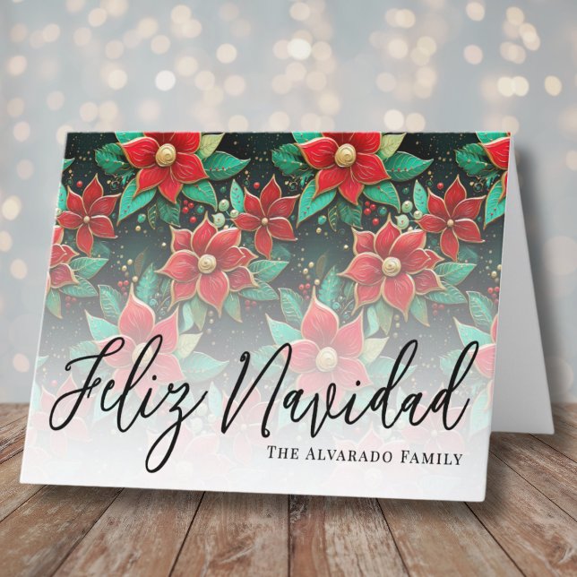 Elegant Feliz Navidad Christmas Holiday Card (Elegant Poinsettia Flowers Feliz Navidad Christmas Holiday Card)