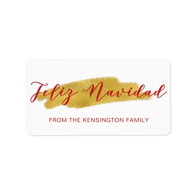 Elegant Feliz Navidad Gold Foil Brush Script Label (Front)
