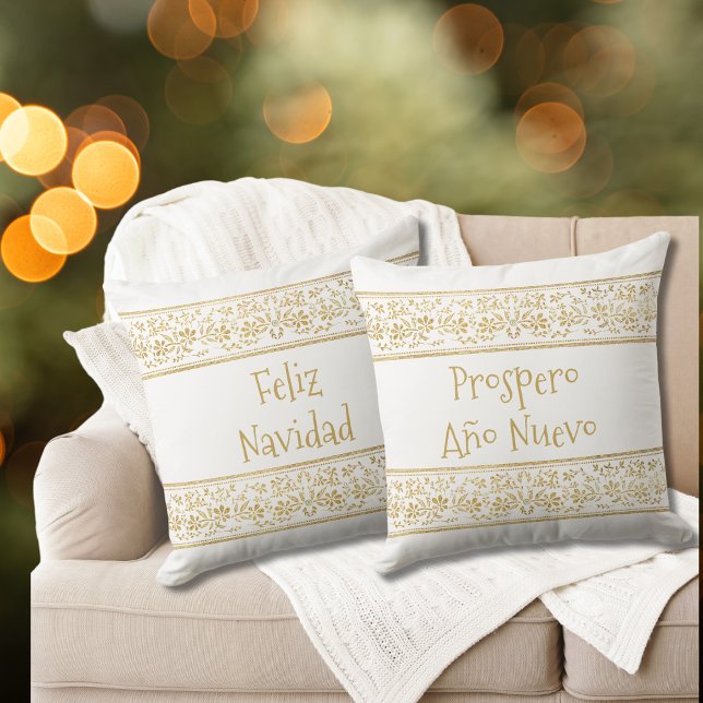 Elegant Feliz Navidad Prospero Año Nuevo Gold  Throw Pillow (Creator Uploaded)