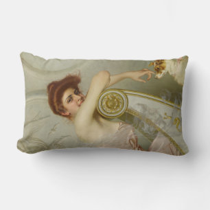 Elegant Female Beauty Playing With Her Puppy Dog Lumbar Pillow