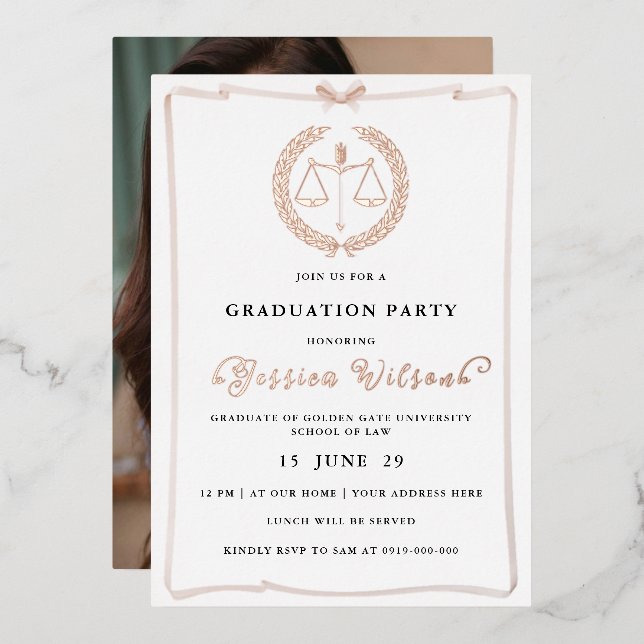 Elegant Female Law School Graduation Photo Foil Invitation (Front/Back)