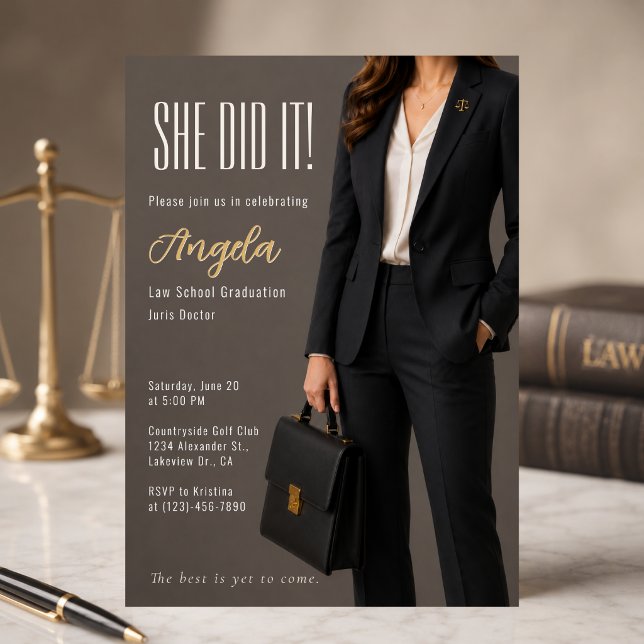 Elegant Female Lawyer Graduation Invite (Elegant female lawyer graduation invitation with modern taupe and gold attorney styling.)