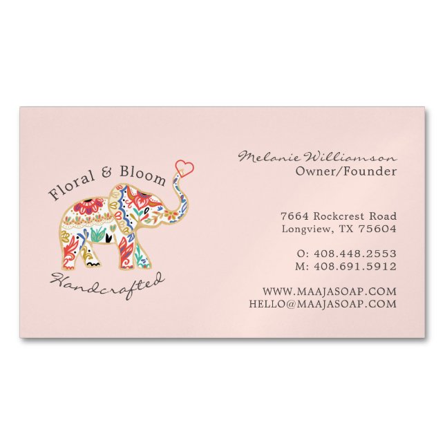 Elegant Feminie Floral Decorative Ornate Elephant Business Card Magnet (Front)