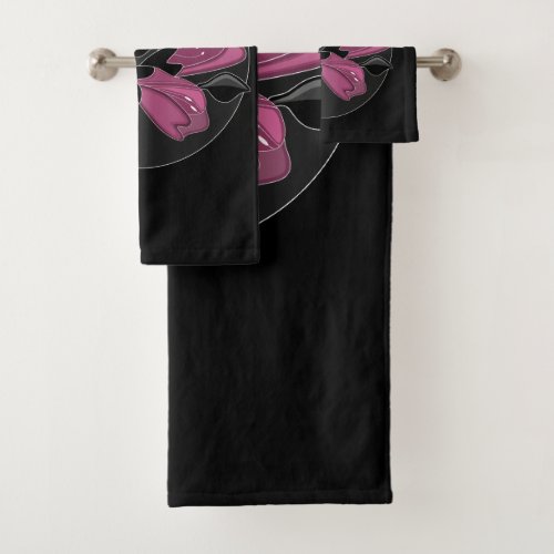 Elegant Feminine Black and Dusty Pink Floral Print Bath Towel Set