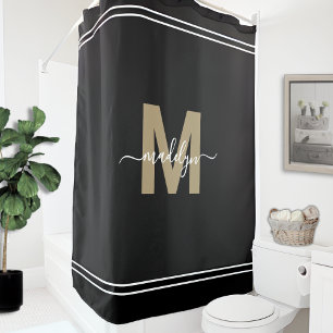 Elegant Feminine Black Gold Monogram Script Name Shower Curtain