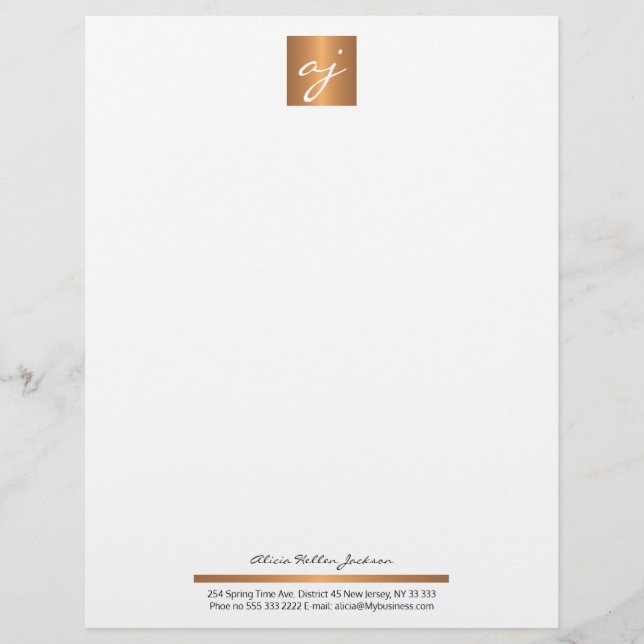 Elegant feminine black white copper gold monogram letterhead (Front)