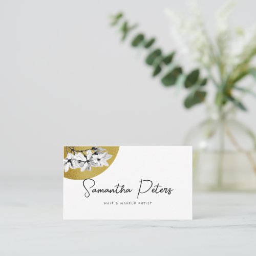 Elegant Feminine Black White Gold Magnolia Stylist Business Card