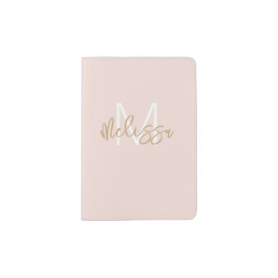 Elegant Feminine Blush Pink Gold Monogram Initial Passport Holder