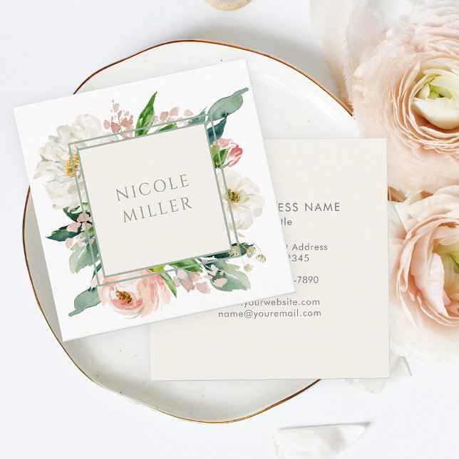 Elegant Feminine Blush Watercolor Floral Square Business Card (Creator Uploaded)