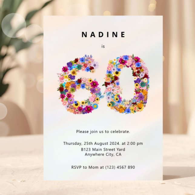 Elegant Feminine Chic Floral 60th Birthday Invitation (60th birthday invitation, floral 60 invite, sixty birthday party invite, elegant birthday invitation)