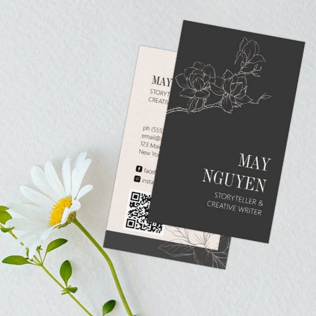 Elegant Feminine Floral Dard Grey Minimal Business Card (Creator Uploaded)
