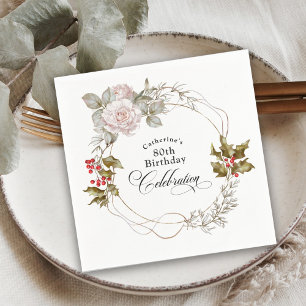 Elegant Feminine Floral December 80th Birthday Napkins