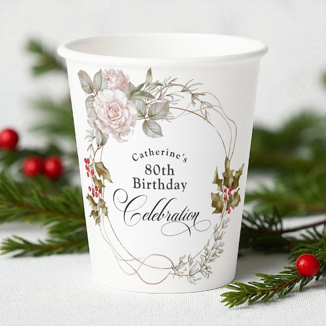 Elegant Feminine Floral December 80th Birthday Paper Cups (Creator Uploaded)