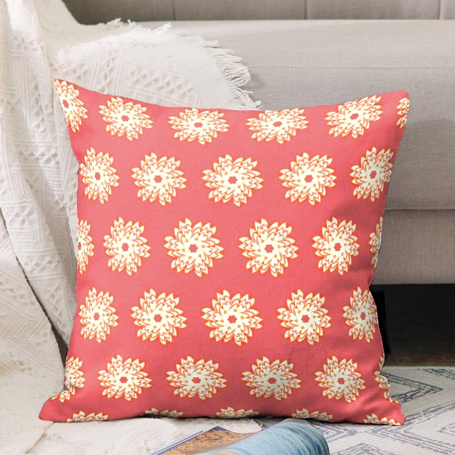 Elegant Feminine Floral Pattern Coral Background Throw Pillow (Creator Uploaded)