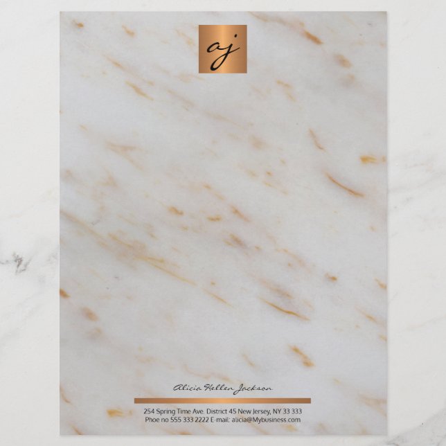 Elegant feminine marble copper gold monogrammed letterhead (Front)