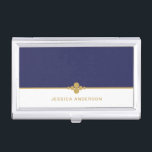 Elegant Feminine Navy Blue Gold Name  Business Card Case<br><div class="desc">This elegant and feminine business card case features navy blue and white colors with gold dots divider. Place your name or business name.</div>