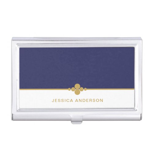 Elegant Feminine Navy Blue Gold Name  Business Card Case