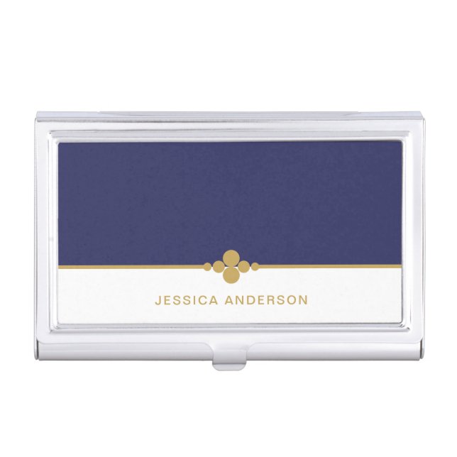Elegant Feminine Navy Blue Gold Name  Business Card Case (Front)