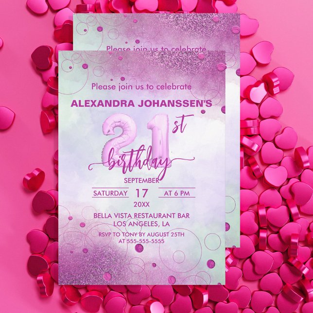  Elegant Feminine Pink Foil Balloons 21st Birthday Invitation (Creator Uploaded)