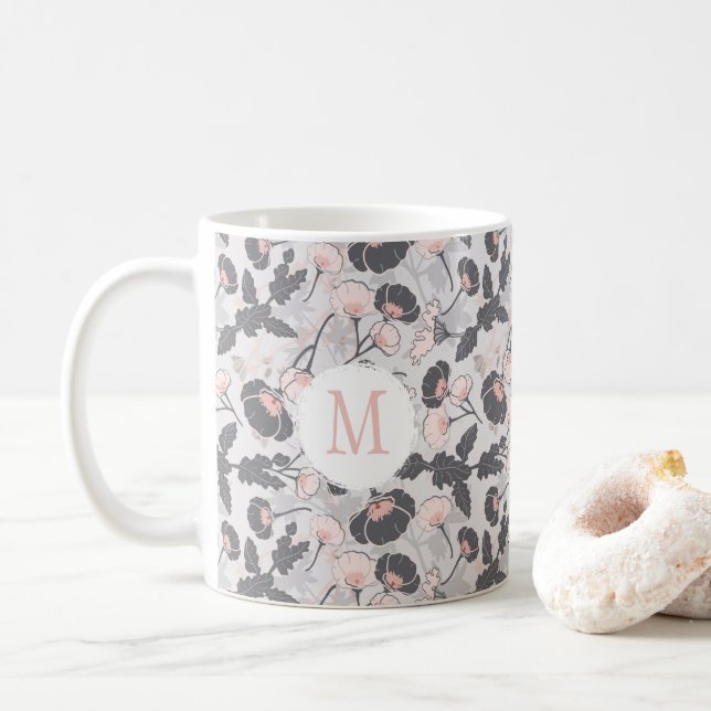 Elegant Feminine Pink Gray Flowers Monogram  Coffee Mug (With Donut)