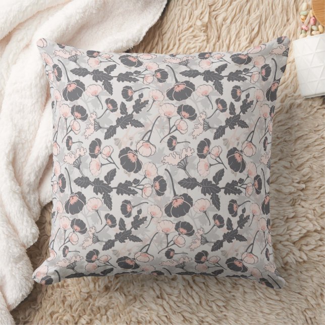  Elegant Feminine Pink Gray Flowers Throw Pillow (Blanket)