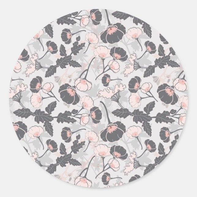 Elegant Feminine Pink Gray Layered Flowers Classic Round Sticker (Front)