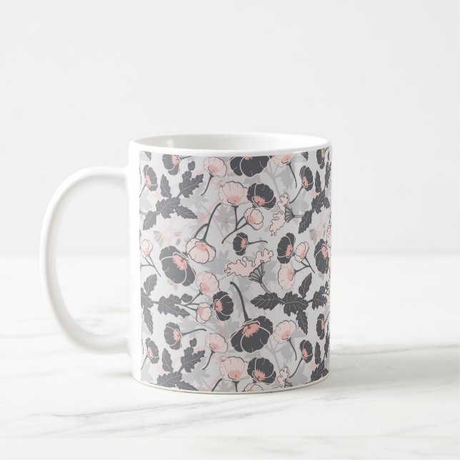 Elegant Feminine Pink Gray Layered Flowers Coffee Mug (Left)
