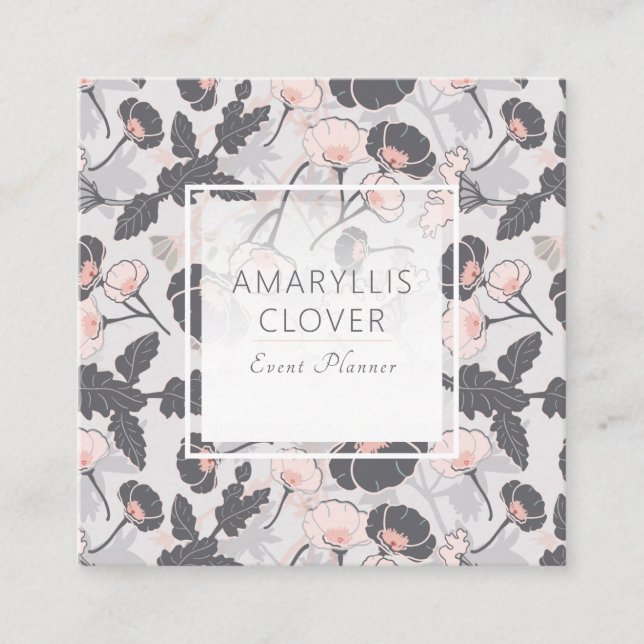 Elegant Feminine Pink Gray Layered Flowers Square Business Card (Front)