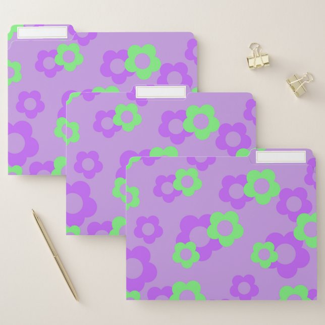 Elegant Feminine Purple Neon Green Flower Pattern  File Folder (Set)