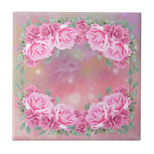 Elegant Feminine Romantic Pink Roses Arrangement Ceramic Tile