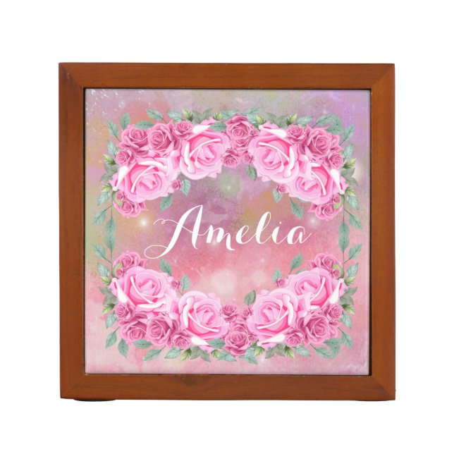 Elegant Feminine Romantic Pink Roses Arrangement Desk Organizer (Front)