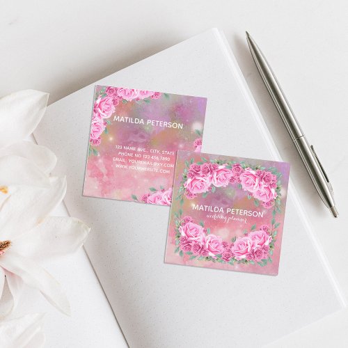 Elegant Feminine Romantic Pink Roses Arrangement  Square Business Card