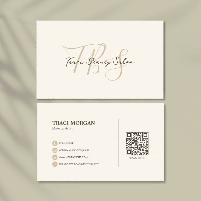 Elegant Feminine Script Cream Beige Qr Code Business Card (Creator Uploaded)