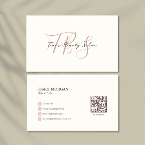 Elegant Feminine Script Cream Rose Qr Code Business Card